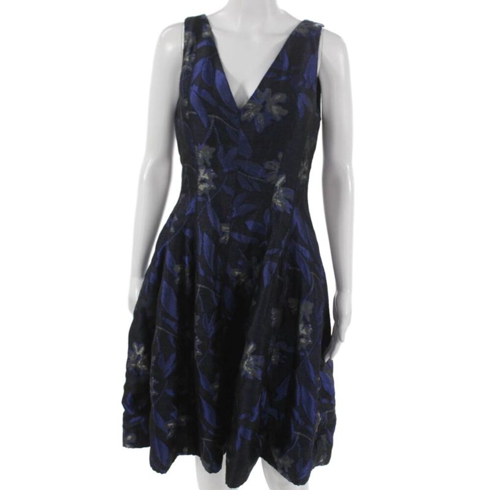 Halston Heritage Womens Fit & Flare Dress Black Floral V-Neck Sleeveless Size 8